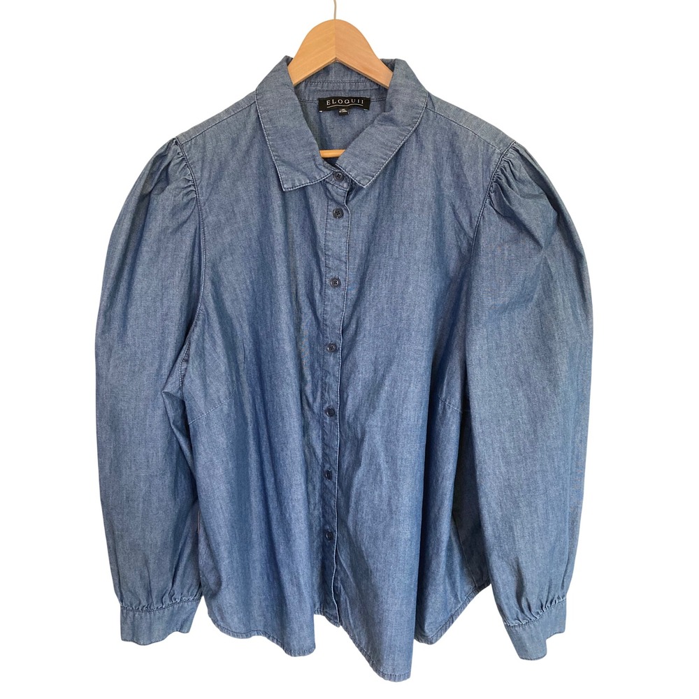 Eloquii Blue Cotton Chambray Puff Shoulder Button Down Shirt Plus Size 28